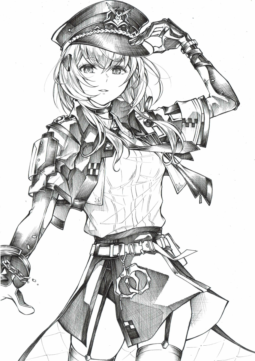 1girl absurdres alisa_(punishing:_gray_raven) alternate_costume cuffs folmauth greyscale handcuffs hat highres long_hair looking_at_viewer mechanical_arms monochrome parted_lips police police_hat police_uniform punishing:_gray_raven shirt side_slit sidelocks solo suspenders thighhighs uniform walkie-talkie white_background