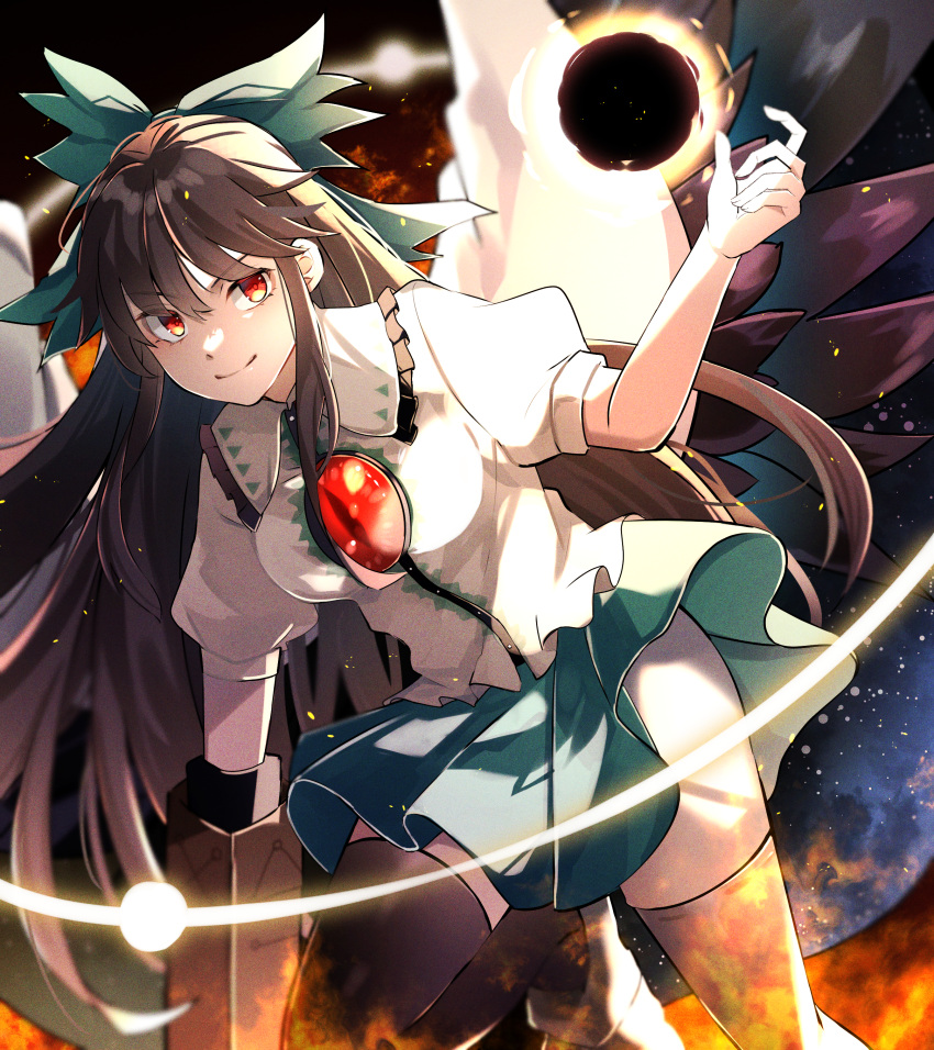 1girl absurdres arm_cannon aru16 atom bird_wings black_hair black_sun black_thighhighs black_wings bow breasts cape closed_mouth collared_shirt commentary_request control_rod fire foot_out_of_frame frilled_shirt_collar frills green_bow green_skirt grey_footwear hair_bow hand_up highres leaning_forward long_hair looking_at_viewer medium_bangs medium_breasts orange_eyes print_cape puffy_short_sleeves puffy_sleeves reiuji_utsuho shirt shoes short_sleeves skirt smile solo starry_sky_print sun thighhighs third_eye touhou two-sided_cape two-sided_fabric v-shaped_eyebrows very_long_hair weapon white_cape white_shirt wings