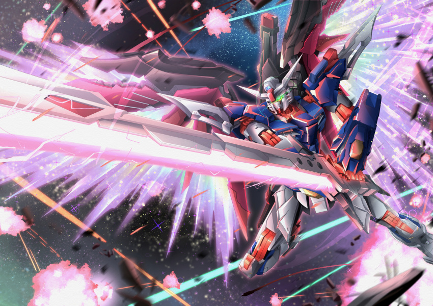 absurdres battle beam_sword commentary_request destiny_gundam_spec_ii energy_sword energy_wings explosion glowing glowing_eyes green_eyes gundam gundam_seed gundam_seed_freedom highres holding holding_sword holding_weapon light_particles mecha mobile_suit no_humans robot science_fiction solo space sparkle sword troy_(oxaa01ex) v-fin weapon