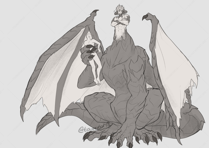 animal_genitalia biped claws crossed_arms dragon dragon_taur duo genital_slit genitals hi_res horn human human_on_taur interspecies larger_taur male male/male mammal membrane_(anatomy) membranous_wings muscular muscular_male muscular_taur mythological_creature mythological_scalie mythology scalie size_difference slit smaller_human tail taur toumator18 wings