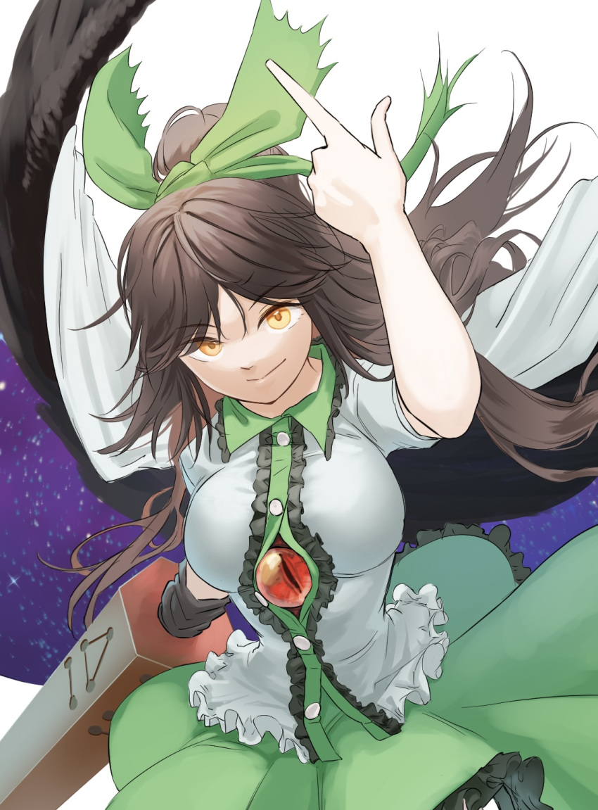 1girl alternate_eye_color arm_cannon arm_up bow breasts brown_hair buttons cape center_frills closed_mouth collared_shirt commentary_request control_rod cowboy_shot floating_hair frilled_shirt_collar frilled_skirt frills green_bow green_skirt hair_between_eyes hair_bow high_ponytail highres index_finger_raised kiminami large_breasts long_hair looking_at_viewer medium_bangs print_cape puffy_short_sleeves puffy_sleeves reiuji_utsuho shirt short_sleeves simple_background skirt smile solo starry_sky_print third_eye touhou two-sided_cape two-sided_fabric weapon white_background white_cape white_shirt yellow_eyes