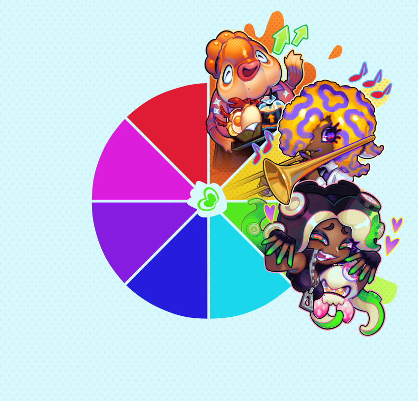 3girls black_gloves black_hair collared_shirt color_wheel_challenge dark-skinned_female dark_skin egg_(food) eighth_note fingerless_gloves food gloves gradient_hair green_hair halftone heart highres instrument long_sleeves marigold_(splatoon) marina_(splatoon) multicolored_hair multiple_drawing_challenge multiple_girls musical_note open_mouth orange_hair orange_pupils purple_pupils red_shirt shirt sleeveless smile splatoon_(series) splatoon_2 splatoon_3 suction_cups sugaryuck tao_blu_(splatoon) tentacle_hair tentacles trombone unfinished white_shirt yellow_eyes zipper zipper_pull_tab