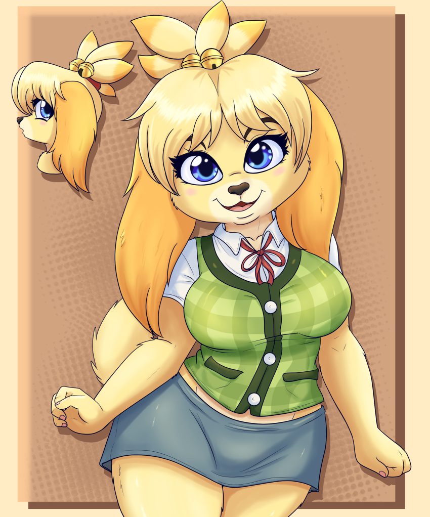 2024 4_fingers absurd_res animal_crossing anthro big_breasts blonde_hair blue_eyes bottomwear breasts canid canine canis cardigan clothing domestic_dog eyebrows eyelashes female fingers fur hair hi_res isabelle_(animal_crossing) looking_at_viewer mammal nintendo open_mouth open_smile saikyoryuuougi shih_tzu shirt skirt smile solo topwear toy_dog yellow_body yellow_fur