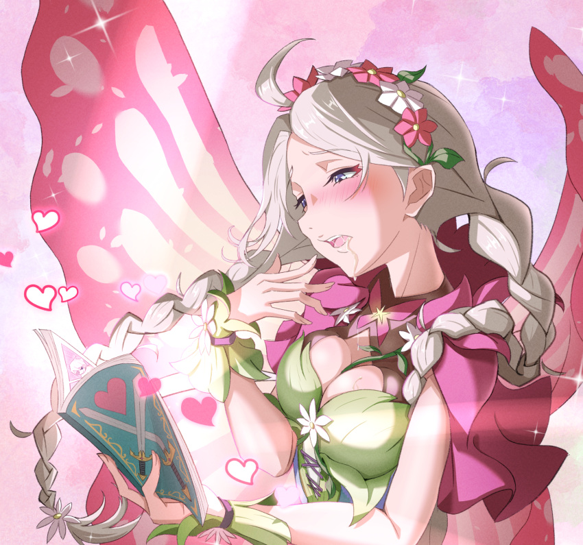 1girl ahoge aroused blue_eyes blush book braid breasts butterfly_wings capelet cleavage commission commissioner_upload cross-laced_clothes cross-laced_dress fairy_wings fire_emblem fire_emblem_fates fire_emblem_heroes flower_bracelet fujoshi gradient_clothes green_bracelet grey_hair hair_vines heart highres holding holding_book insect_wings leaf_bracelet long_hair low_twin_braids nina_(fire_emblem) nina_(resplendent)_(fire_emblem) non-web_source official_alternate_costume open_mouth parted_bangs pink_capelet pink_hair saliva saliva_trail_between_teeth skeb_commission solo toriyoshi_(mmxn3582) twin_braids upper_body vine_bracelet vine_harness white_hair wings