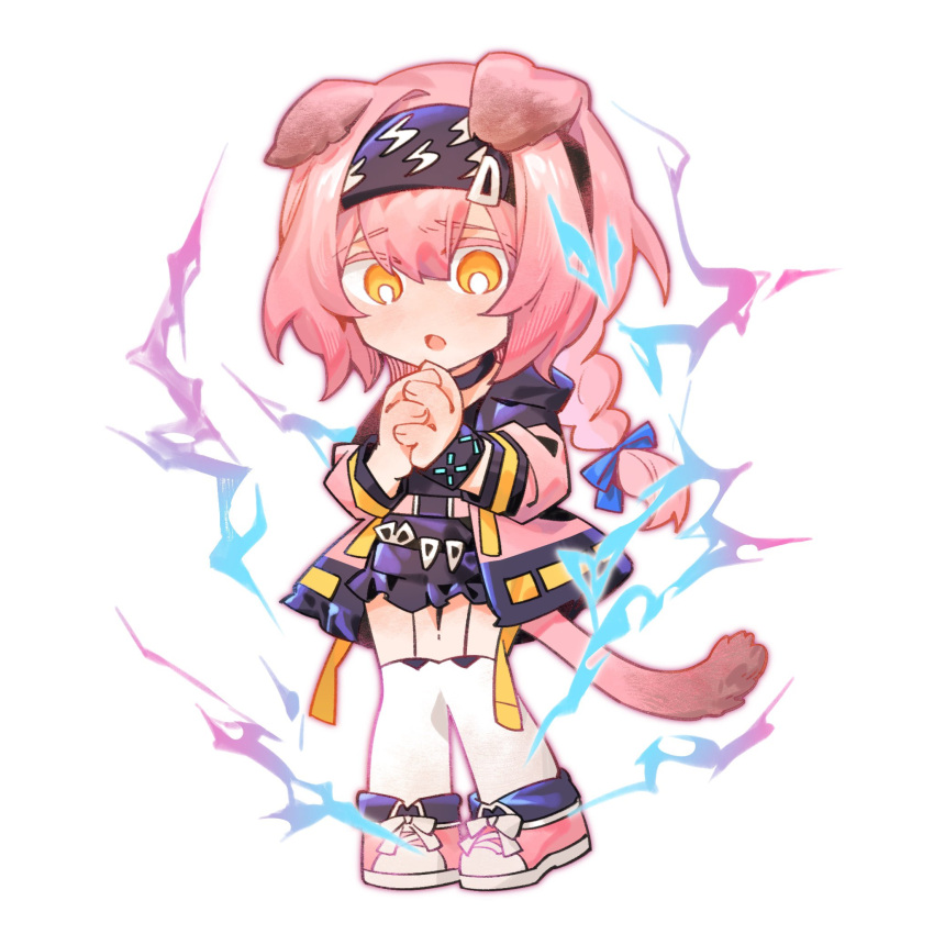 1girl :o animal_ears arknights black_hairband black_skirt blue_bow bow braid cat_ears cat_girl cat_tail chibi commentary goldenglow_(arknights) hair_bow hairband highres infection_monitor_(arknights) jacket lightning lightning_bolt_symbol long_hair looking_down own_hands_clasped own_hands_together pink_footwear pink_jacket pink_shirt shirt simple_background skirt solo tail thighhighs wendy3807 white_background white_thighhighs yellow_eyes