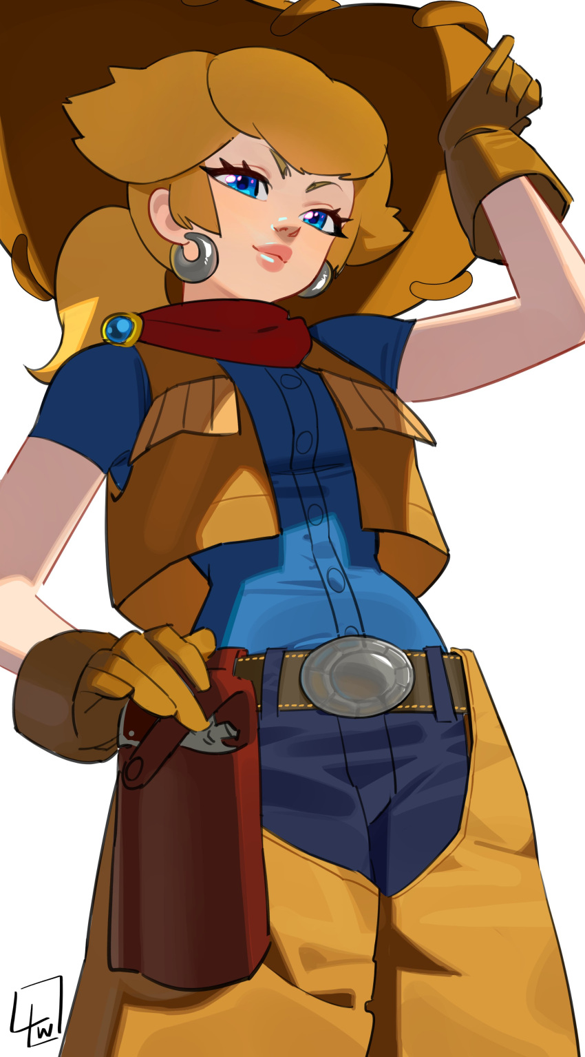 1girl absurdres adjusting_clothes adjusting_headwear belt blonde_hair blue_eyes brown_gloves brown_vest chaps cowboy_hat cowgirl_(western) cowgirl_peach denim earrings eyelashes gloves gun handgun hat highres holster jeans jewelry l4wless mario_(series) official_alternate_costume official_alternate_hairstyle pants ponytail princess_peach princess_peach:_showtime! red_scarf scarf simple_background solo vest weapon