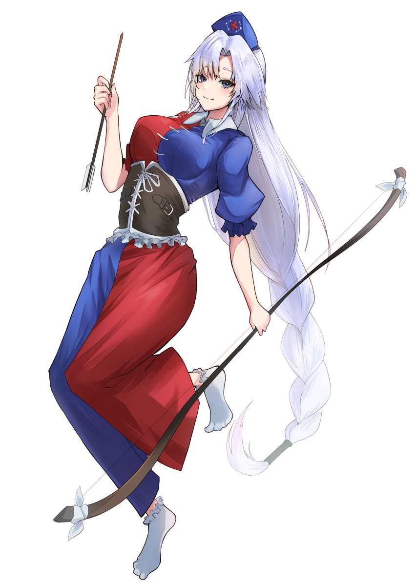 absurdres arrow_(projectile) blue_dress blue_eyes blue_headwear bow_(weapon) braid braided_ponytail breasts brown_corset closed_mouth collared_dress corset curtained_hair dress frilled_sleeves frilled_socks frills full_body hat highres holding holding_arrow holding_bow_(weapon) holding_weapon large_breasts long_braid long_hair looking_at_viewer red_dress smile socks standing standing_on_one_leg tachi-e touhou two-tone_dress weapon white_socks yagokoro_eirin yagoro_kusuriya