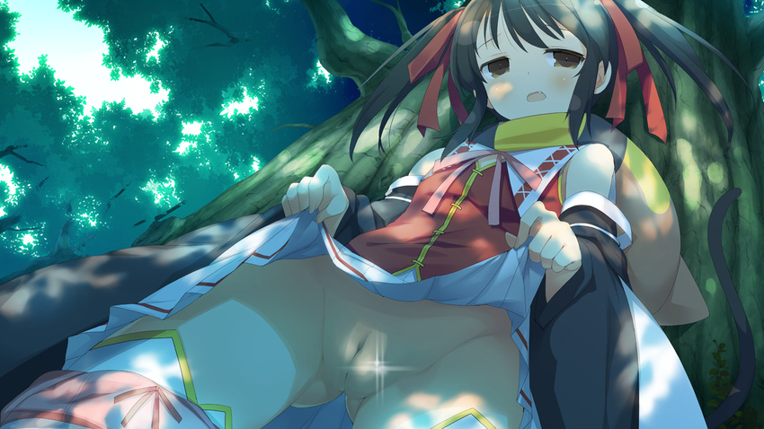 1girl against_tree black_hair blush censored dress dress_lift edit evenicle flat_chest game_cg gurigura gurigura_(evenicle) legs long_hair looking_down no_panties open_mouth pussy scarf solo standing tail thighs tree twintails yaegashi_nan yellow_eyes