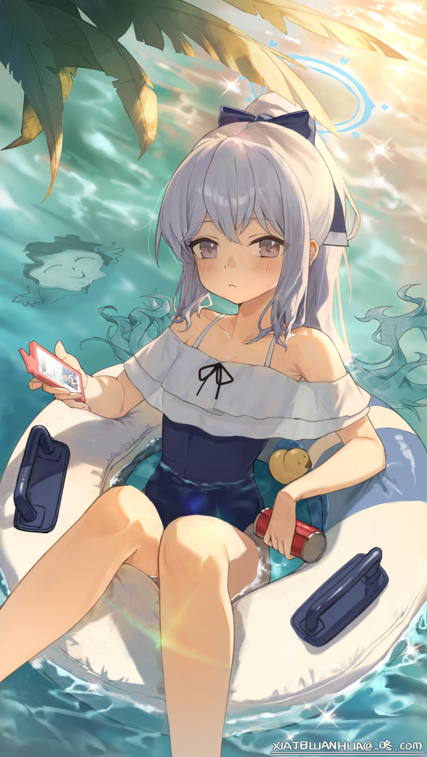 1boy 1girl absurdres asuna_(blue_archive) asuna_(bunny)_(blue_archive) azema bare_arms bare_legs bare_shoulders blue_archive blue_halo blue_one-piece_swimsuit blush casual_one-piece_swimsuit closed_mouth doodle_sensei_(blue_archive) feet_out_of_frame fingernails frilled_one-piece_swimsuit frills grey_hair hair_between_eyes halo highres innertube long_hair miyako_(blue_archive) miyako_(swimsuit)_(blue_archive) off-shoulder_one-piece_swimsuit off_shoulder official_alternate_costume official_alternate_hairstyle one-piece_swimsuit palm_leaf ponytail purple_eyes rubber_duck sensei_(blue_archive) sparkle swim_ring swimsuit twitter water