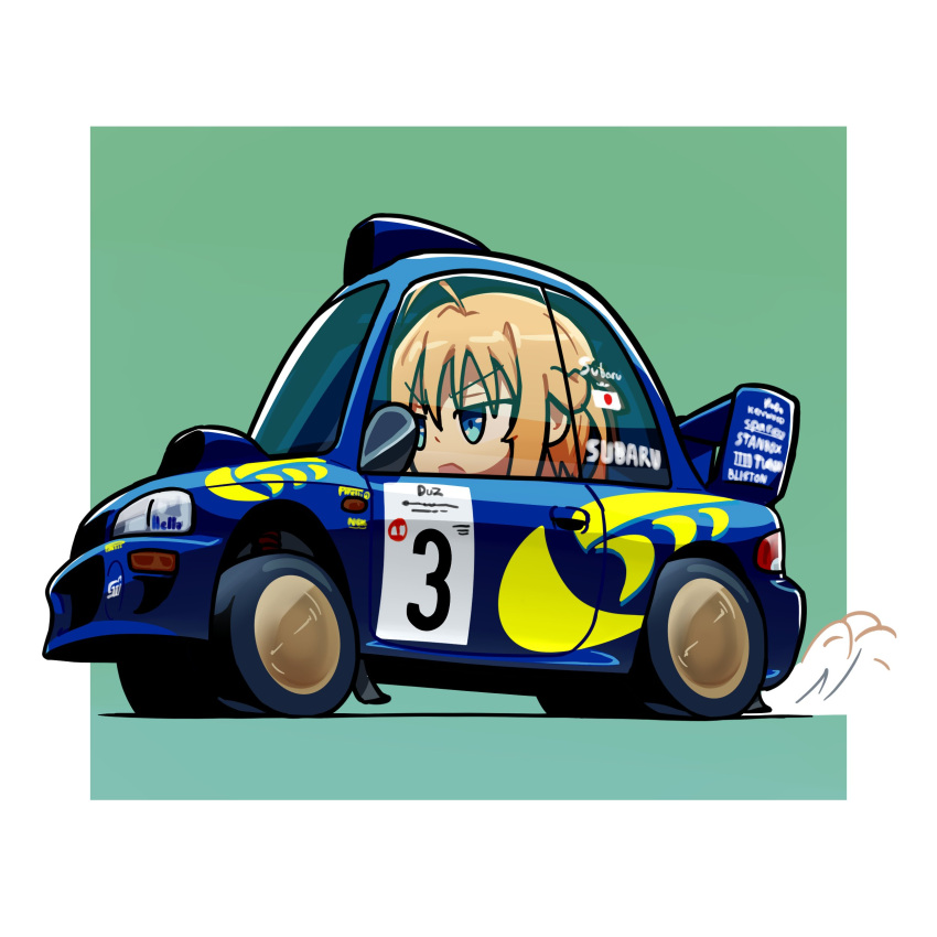 1girl absurdres ahoge blonde_hair border car chibi duz english_commentary green_background highres japanese_flag konoe_subaru long_hair mayo_chiki! motor_vehicle name_connection open_mouth outside_border race_vehicle racecar rally_car smoke solo spoiler_(automobile) subaru_(brand) subaru_impreza v-shaped_eyebrows vehicle_focus white_border world_rally_championship