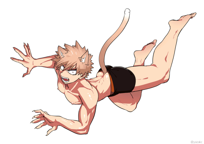 1boy animal_ears ass bakugou_katsuki black_male_underwear blonde_hair boku_no_hero_academia cat_boy cat_ears cat_tail male_focus male_underwear open_mouth red_eyes short_hair solo spiked_hair tail topless_male underwear yazaki_(yazakc)