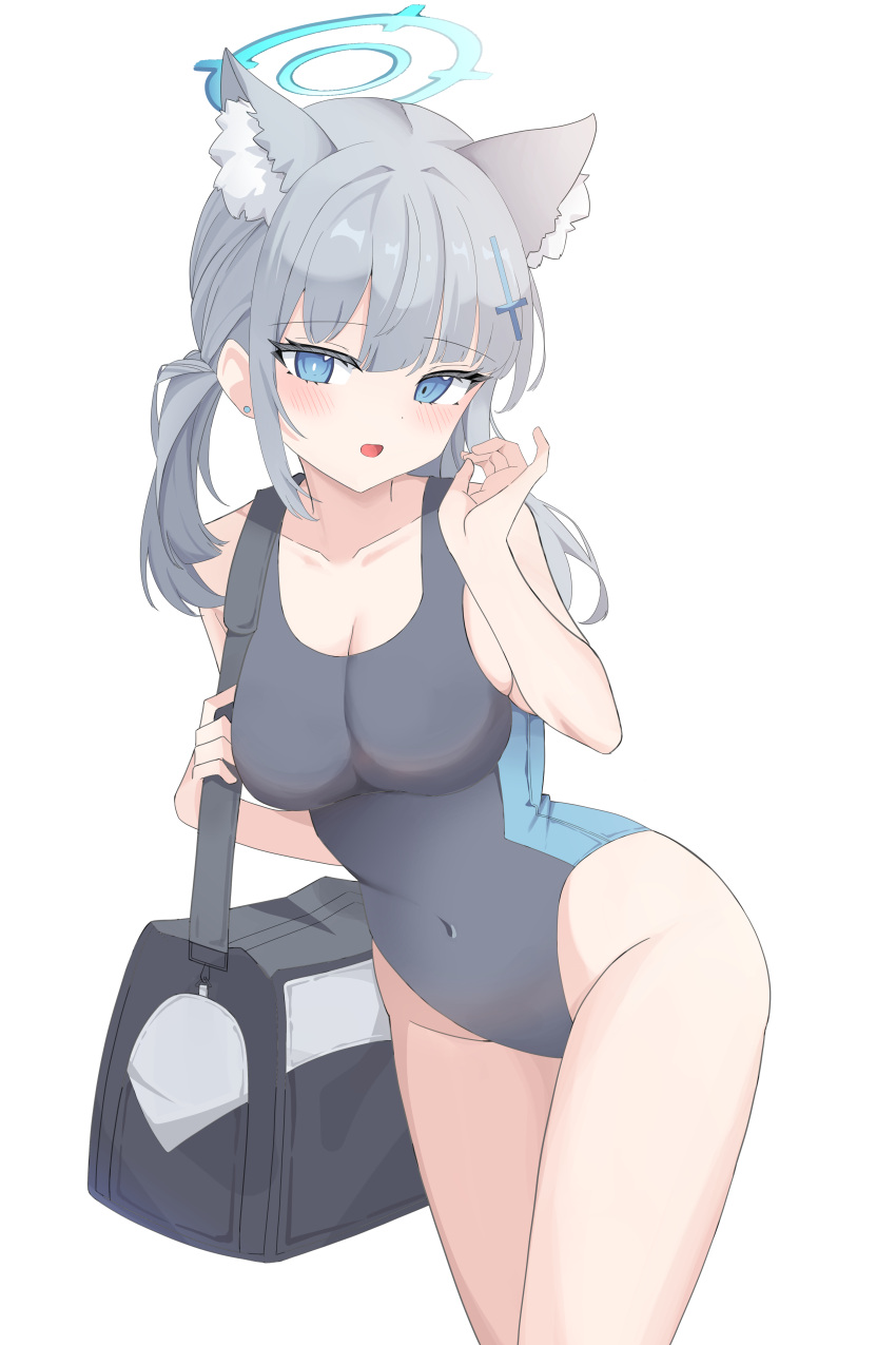 1girl absurdres animal_ear_fluff animal_ears black_one-piece_swimsuit blue_archive blue_eyes blue_halo blush breasts cleavage collarbone competition_swimsuit covered_navel cowboy_shot cross_hair_ornament extra_ears grey_hair groin hair_between_eyes hair_ornament halo highres large_breasts looking_at_viewer medium_hair official_alternate_costume one-piece_swimsuit open_mouth ponytail shiroko_(blue_archive) shiroko_(swimsuit)_(blue_archive) sideboob simple_background sisong solo swimsuit white_background wolf_ears