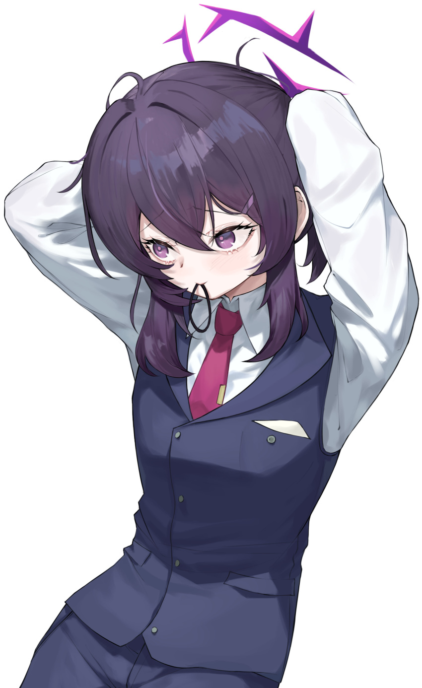 1girl absurdres adjusting_hair black_shorts black_vest blue_archive blush breasts closed_mouth collared_shirt cowboy_shot hair_between_eyes halo haruka_(blue_archive) haruka_(suit)_(blue_archive) highres lechiennoir long_hair long_sleeves medium_breasts mouth_hold purple_eyes purple_hair purple_halo shirt shorts simple_background solo vest white_background white_shirt