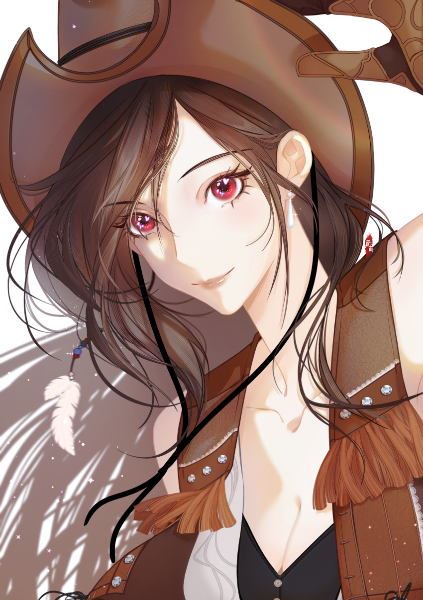 1girl absurdres adjusting_clothes adjusting_headwear bare_shoulders black_hair breasts brown_gloves brown_headwear brown_vest cleavage closed_mouth collarbone commentary cowboy_hat crisis_core_final_fantasy_vii earrings eyelashes feathers final_fantasy final_fantasy_vii final_fantasy_vii_rebirth final_fantasy_vii_remake gloves hand_up hat heart highres jewelry large_breasts lips long_hair looking_at_viewer mianmian741 red_eyes single_earring smile solo swept_bangs symbol-only_commentary teardrop_earrings tifa_lockhart tifa_lockhart_(cowgirl) upper_body vest