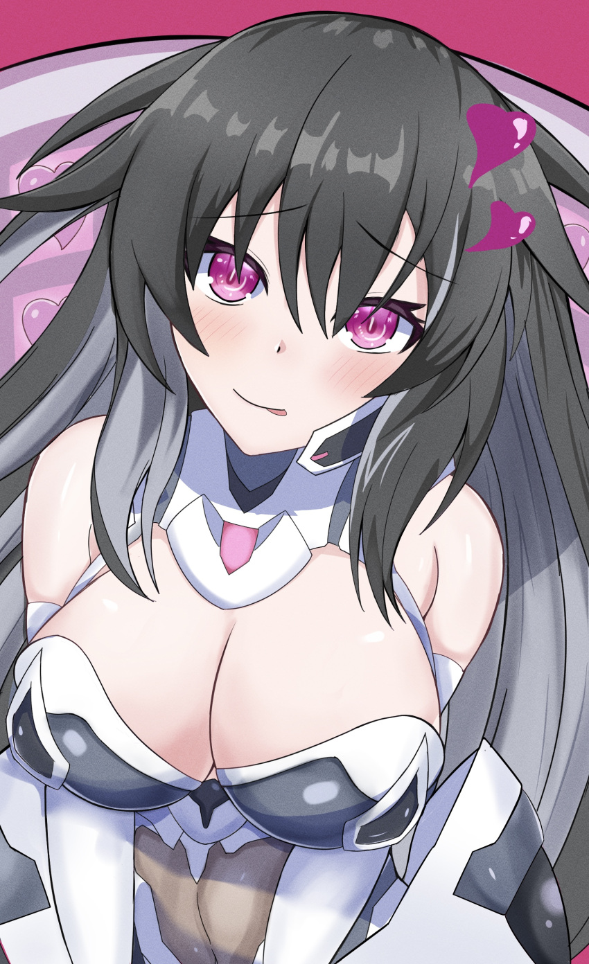 1girl :q absurdres bare_shoulders black_hair blush breasts breasts_squeezed_together cleavage cleavage_cutout clothing_cutout covered_navel elbow_gloves gloves gray_sister_(neptunia) grey_hair hair_between_eyes head_tilt heart highres large_breasts leotard long_hair maho_(neptunia) multicolored_hair neptune_(series) pink_eyes power_symbol smile solo stiris_rangetsu symbol-shaped_pupils tongue tongue_out two-tone_hair v_arms valentine very_long_hair white_gloves white_leotard