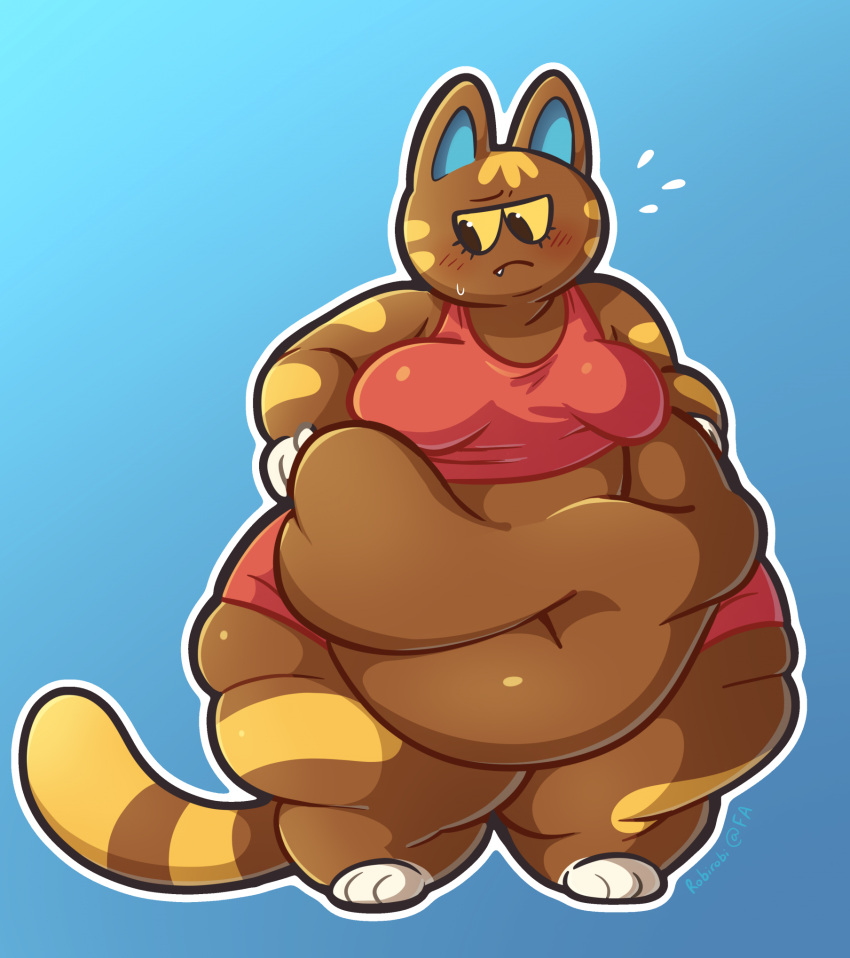 animal_crossing anthro belly belly_grab belly_overhang belly_rolls big_belly blush blush_lines bodily_fluids breasts brown_body brown_fur deep_navel domestic_cat double_chin felid feline felis female fur glistening glistening_body hi_res huge_thighs katt_(animal_crossing) mammal navel nintendo obese obese_anthro obese_female overweight overweight_anthro overweight_female robirobi solo sweat sweatdrop thick_thighs weight_conscious weight_gain