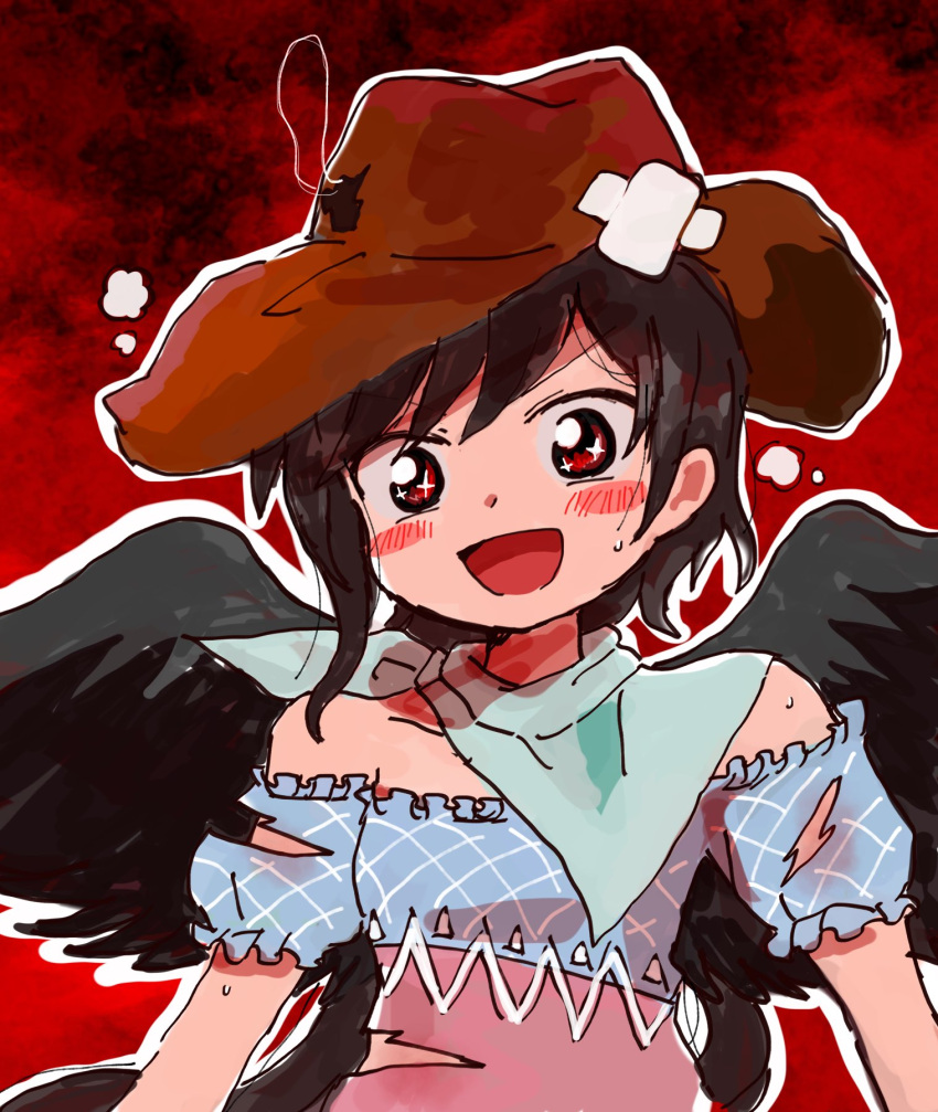 1girl :d bandana black_hair black_wings blue_dress brown_headwear bullet_hole commentary_request cowboy_hat dress hat highres kurokoma_saki pink_dress puffy_short_sleeves puffy_sleeves red_background red_eyes rome35793562 short_sleeves smile solo torn_clothes torn_dress touhou white_bandana wings