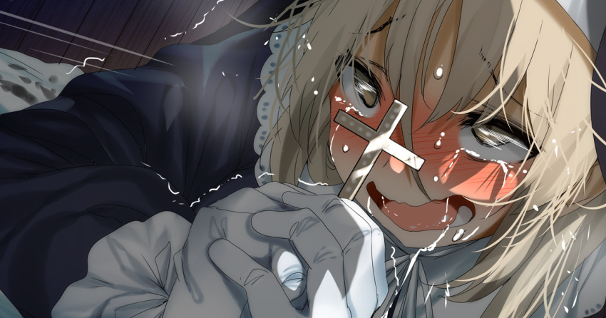 1girl black_dress blonde_hair brown_eyes capelet cross crying crying_with_eyes_open dress fumihiko_(fu_mihi_ko) gloves holding holding_cross long_sleeves nijisanji nun on_bed open_mouth saliva shaking sister_claire sister_claire_(1st_costume) smile solo tears virtual_youtuber white_capelet white_gloves