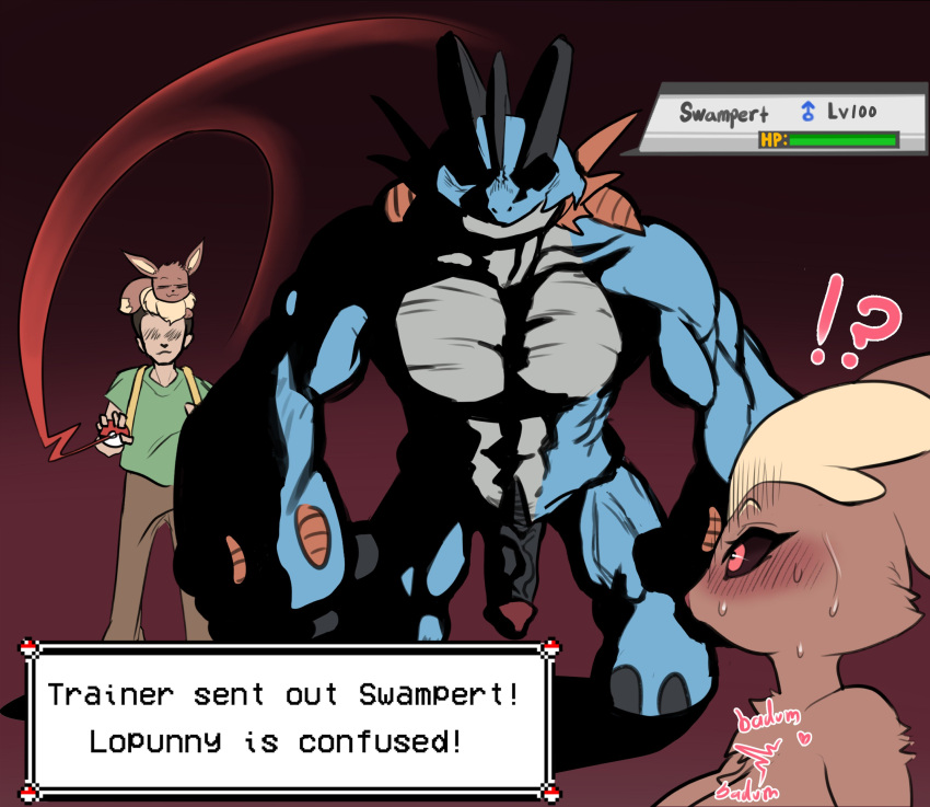 absurd_res amphibian anthro biceps big_breasts blue_body breasts brown_body brown_fur bymetalala canid eevee english_text fur gameplay_mechanics generation_1_pokemon generation_3_pokemon generation_4_pokemon genitals gui health_bar hi_res humanoid_genitalia humanoid_penis lagomorph lopunny male mammal muscular muscular_anthro muscular_male nintendo nipples nude penis pokemon pokemon_(species) pussy size_difference swampert text thick_thighs wide_hips