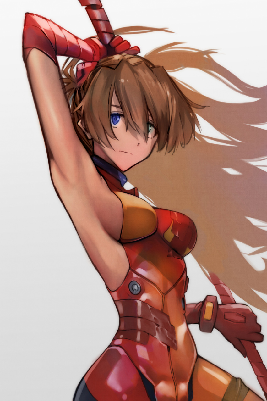 1girl blue_eyes bodysuit breasts brown_hair evangelion:_3.0+1.0_thrice_upon_a_time hair_between_eyes hair_ornament highres interface_headset long_hair looking_at_viewer medium_breasts neon_genesis_evangelion plugsuit rebuild_of_evangelion solo souryuu_asuka_langley two_side_up yagisawa_teru