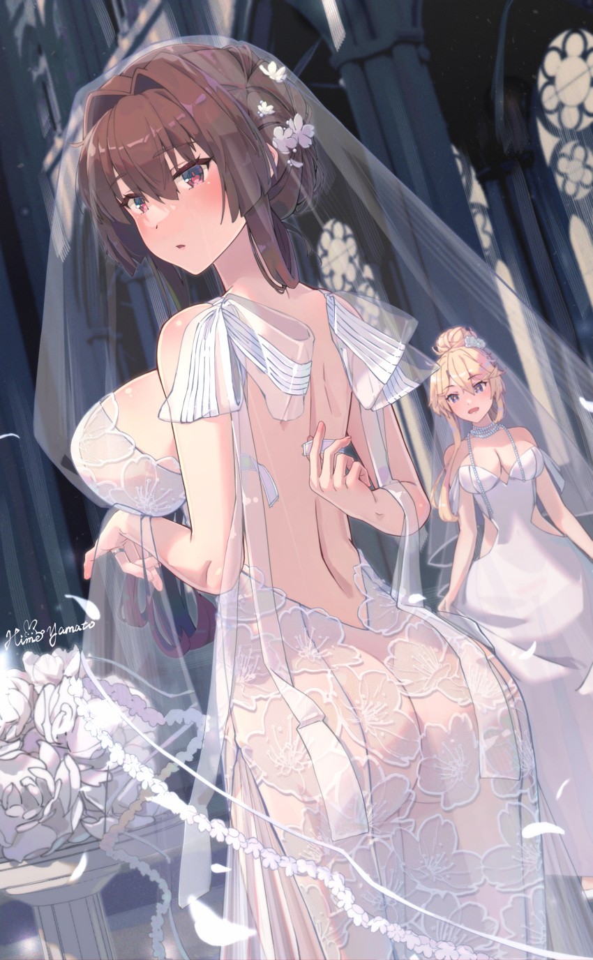 absurdres alternate_costume alternate_hairstyle artist_name ass bare_back bare_shoulders blonde_hair blue_eyes breasts bridal_veil church commentary_request dress flower hair_flower hair_intakes hair_ornament highres himeyamato indoors iowa_(kancolle) kantai_collection large_breasts looking_at_viewer nape parted_lips red_eyes see-through see-through_dress short_hair undressing veil wedding_dress yamato_(kancolle)