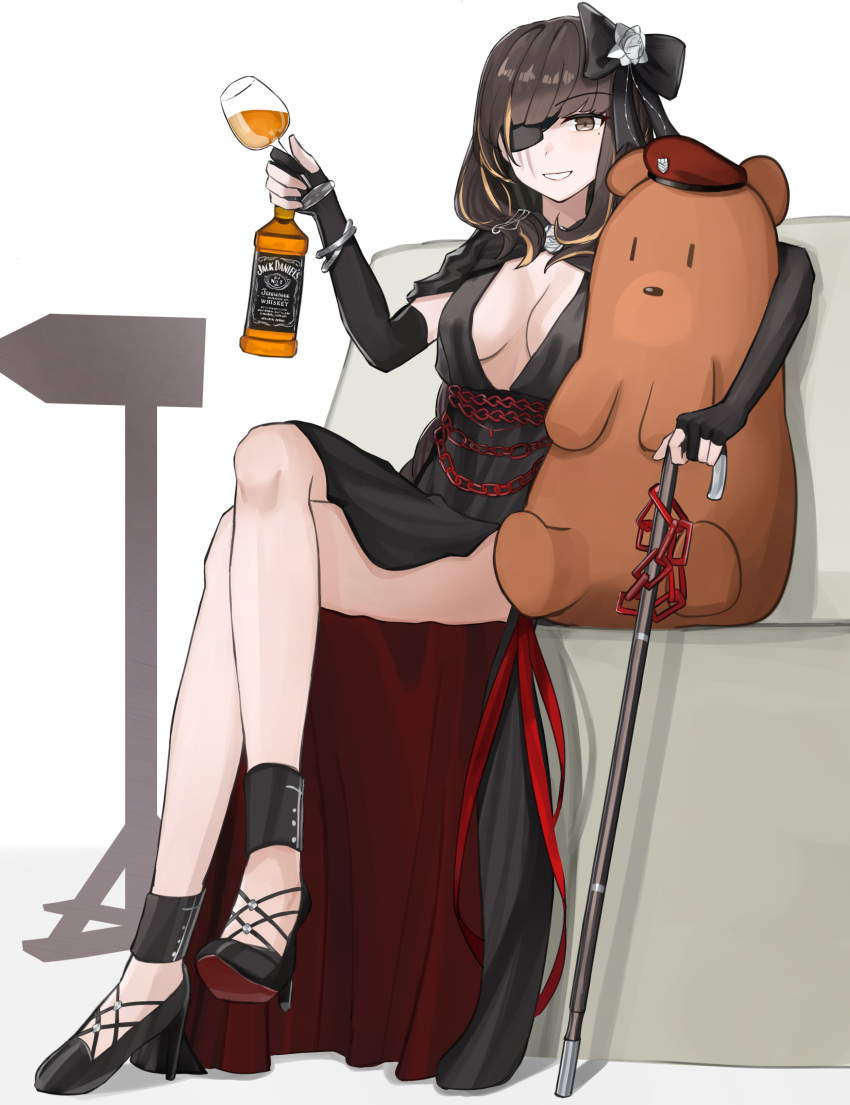 absurdres arm_on_shoulder black_dress breasts brown_eyes brown_hair cane commander_(girls'_frontline) crossed_legs cup dress drinking_glass evening_gown gamryous girls'_frontline high_heels highres jack_daniel's long_hair looking_at_viewer m16a1_(blazer_of_the_trail)_(girls'_frontline) m16a1_(girls'_frontline) mole mole_under_eye multicolored_hair scar sitting wine_glass