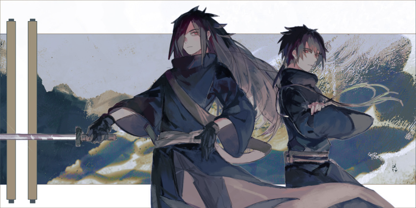 2boys belt black_gloves black_hair black_robe brown_belt closed_mouth crossed_arms gloves hair_over_one_eye highres holding holding_sword holding_weapon letterboxed long_hair long_sleeves looking_at_viewer male_focus multicolored_background multiple_boys naruto naruto_(series) outside_border red_eyes robe scroll scroll_background serious short_hair standing sword uchiha_izuna uchiha_madara weapon wide_sleeves ylan_tu