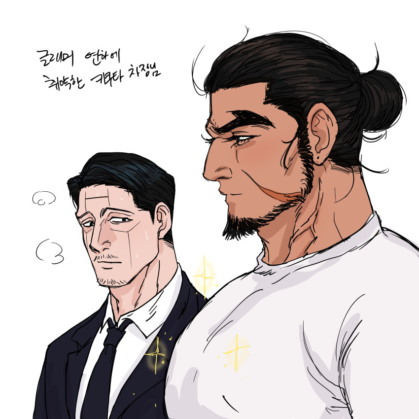 2boys absurdres bara black_hair covered_nipples dark-skinned_male dark_skin facial_hair girl_staring_at_guys_chest_(meme) goatee_stubble golden_kamuy highres kikuta_mokutaro korean_text large_pectorals long_sideburns looking_at_another looking_at_pectorals male_focus mature_male meme multiple_boys muscle_envy muscular muscular_male pectorals rikimatsu_ariko scar scar_on_face scar_on_forehead shirt short_hair sideburns sideburns_stubble sparkling_aura stubble sweat t-shirt thick_eyebrows translation_request wrrmfla yaoi