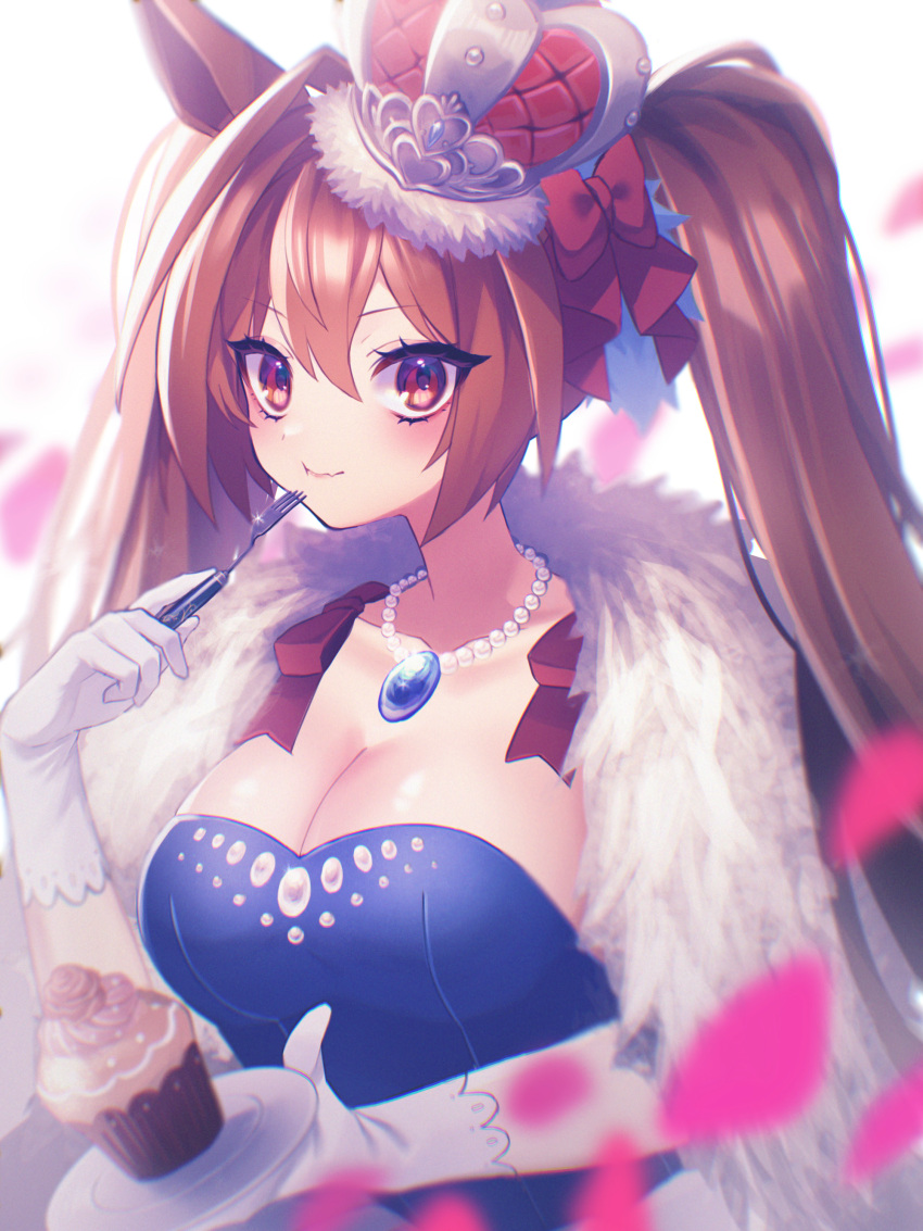 1girl :t absurdres alternate_costume animal_ears blue_dress blurry bow breasts brown_hair cleavage closed_mouth crown cupcake daiwa_scarlet_(umamusume) depth_of_field dress feather_boa food fork glint gloves hair_between_eyes hair_bow highres holding holding_fork holding_plate horse_ears jewelry large_breasts long_hair looking_at_viewer maigo_(user_xkwr8585) necklace petals plate red_eyes solo twintails umamusume white_gloves