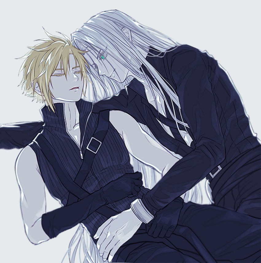 2boys belt black_belt black_coat black_gloves black_pants blonde_hair blue_eyes chest_strap closed_eyes cloud_strife coat commentary couple cuddling elbow_gloves final_fantasy final_fantasy_vii final_fantasy_vii_advent_children forehead-to-forehead gloves grey_background grey_hair haagi123 heads_together high_collar long_hair looking_at_another lying male_focus multiple_boys no_armor no_gloves on_back on_side open_clothes open_coat pants parted_lips sephiroth short_hair shoulder_strap simple_background sleeveless smile upper_body very_long_hair yaoi zipper