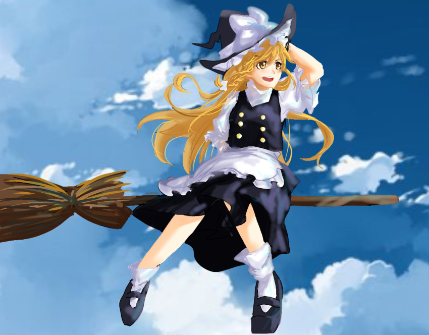 above_clouds apron blonde_hair blue_sky braid broom broom_riding cloud cloudy_sky flying hat hat_ribbon kirisame_marisa long_hair ribbon shee_take short_sleeves sky touhou waist_apron white_apron witch_hat yellow_eyes