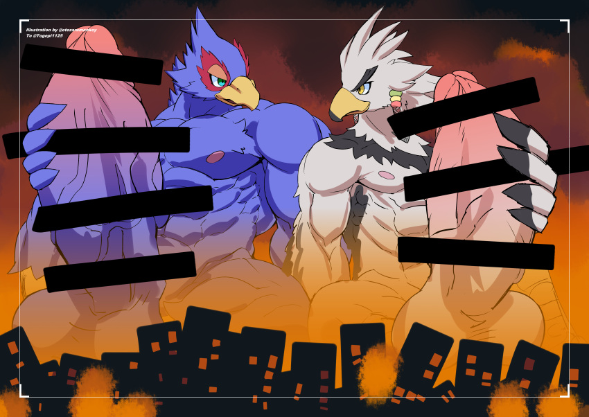 absurd_res anthro avian balls big_penis bird blue_body braided_pseudo_hair breath_of_the_wild censored censored_genitalia city duo erection etezarumonkey falco_lombardi feathers fire genitals hi_res macro male masturbation night nintendo penis rito sitting star_fox teba_(tloz) the_legend_of_zelda vein veiny_penis white_body white_feathers