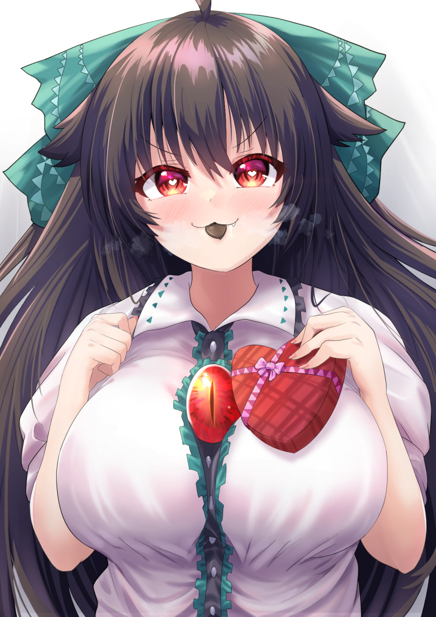 1girl :3 ahoge black_hair blush bow box breasts center_frills chocolate closed_mouth collared_shirt commentary english_commentary fang fang_out fingernails food_in_mouth frilled_shirt_collar frills green_bow hair_bow heart heart-shaped_box heart-shaped_pupils highres holding holding_box large_breasts long_hair looking_at_viewer medium_bangs mouth_hold red_eyes reiuji_utsuho rion_(user_ufvg8527) shirt smile solo symbol-shaped_pupils third_eye touhou upper_body v-shaped_eyebrows white_background white_shirt