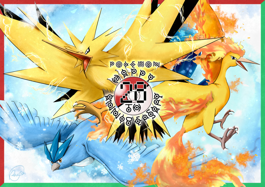 absurdres articuno bird black_eyes commentary_request copyright_name electricity fire highres moltres no_humans open_mouth poke_ball_symbol pokemon pokemon_(creature) rome_(roma0618) signature tongue unown zapdos