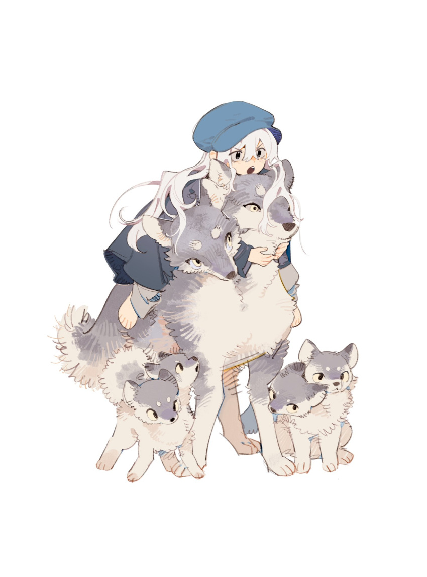 :o animal blue_dress blue_headwear dog dress grey_fur highres mr_sangel multiple_heads open_mouth original puppy white_background white_hair wolf yellow_eyes