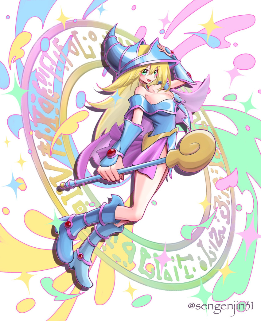 1girl bare_shoulders belt blonde_hair blue_footwear blush_stickers breasts cleavage dark_magician_girl duel_monster floating green_eyes hair_between_eyes hat highres holding holding_staff jewelry large_breasts long_hair looking_at_viewer magic_circle open_mouth pink_footwear pink_skirt sengenjin31 shirt skirt smile staff twitter_username white_background white_belt witch witch_hat yellow_shirt yu-gi-oh!