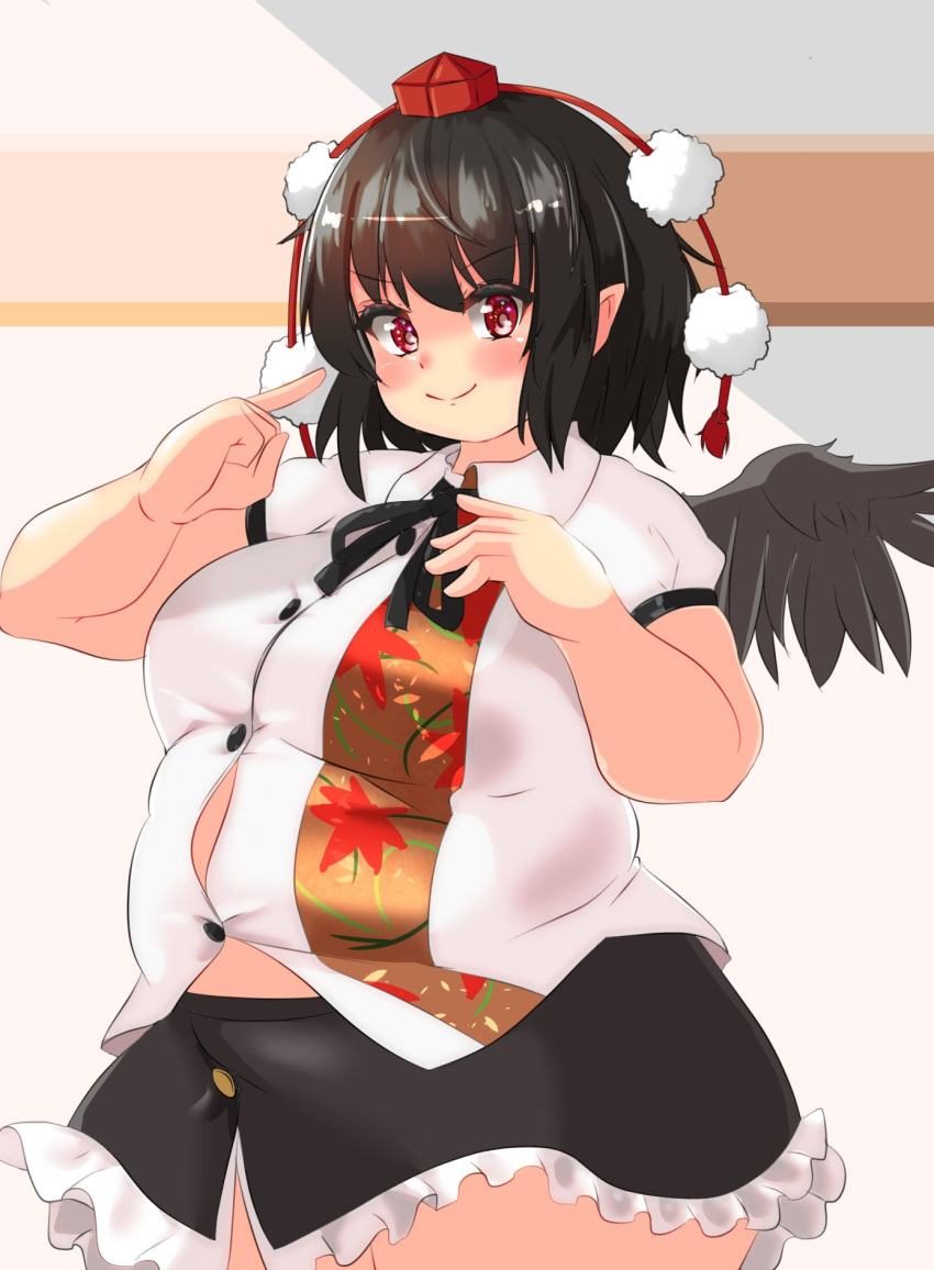 1girl alternate_body_size bird_wings black_hair black_skirt black_wings blush breasts buttons clenched_hand closed_mouth commentary_request cowboy_shot fat frilled_skirt frills grey_background hat highres large_breasts looking_at_viewer nerizou open_hand pointing pointing_at_self pointy_ears red_eyes red_headwear shameimaru_aya short_sleeves skirt solo split_mouth thick_thighs thighs tokin_hat touhou white_background wing_collar wings
