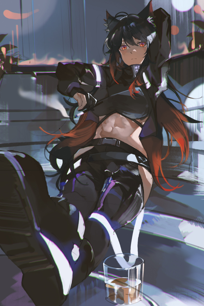 1girl abs absurdres alcohol alternate_costume ambience_synesthesia animal_ears arknights arm_behind_head belt belt_buckle black_footwear black_gloves black_hair black_jacket black_shirt boots breasts buckle cigarette clothing_cutout cmdr_saturn cropped_jacket cropped_shirt crossed_legs cup drinking_glass electronic_cigarette feet_on_table gloves gradient_hair highres holding holding_cigarette jacket latex latex_pants long_hair long_sleeves looking_at_viewer medium_breasts midriff midriff_peek multicolored_hair navel partially_fingerless_gloves red_eyes red_hair shirt shoe_soles sitting skin_tight smoke smoking solo strap texas_(arknights) thigh_cutout whiskey wide_hips wolf_ears