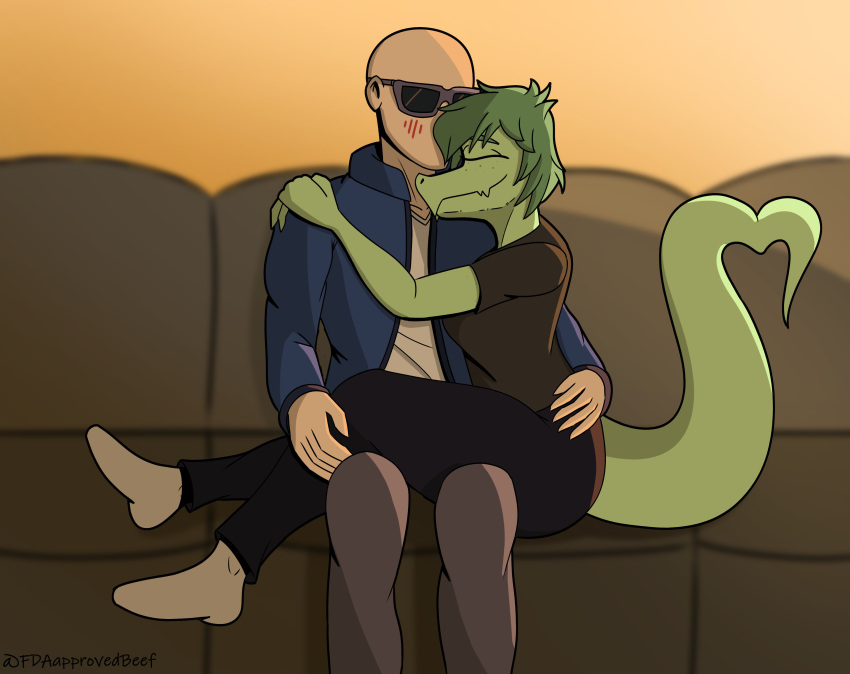 2024 5_fingers absurd_res anthro artist_name bald baryonyx blush cavemanon_studios clothing detailed_background digital_drawing_(artwork) digital_media_(artwork) dinosaur duo eyes_closed eyewear fdaapprovedbeef female fingers freckles furniture green_body green_hair green_scales hair hi_res hug human i_wani_hug_that_gator inco_(iwhtg) inside jacket light-skinned_male light_body light_skin long_tail male male/female mammal olivia_halford on_sofa reptile scales scalie short_hair sitting sitting_on_sofa smile snout sofa spinosaurid sunglasses tail theropod topwear watermark