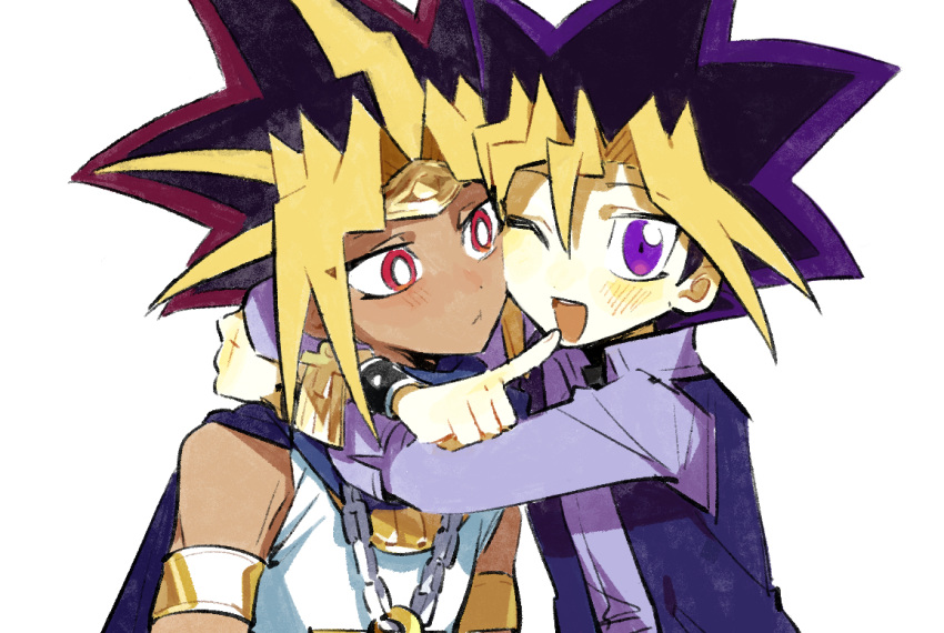 2boys affectionate arms_around_neck atem black_hair blonde_hair blush cape dark-skinned_male dark_skin earrings egyptian_clothes gold_armlet gold_circlet hair_between_eyes happy jewelry kailanzi looking_at_another looking_at_viewer male_focus millennium_puzzle multicolored_hair multiple_boys mutou_yuugi one_eye_closed open_mouth pointing purple_cape purple_eyes purple_hair red_eyes red_hair short_hair spiked_hair tan upper_body white_background yu-gi-oh! yu-gi-oh!_duel_monsters