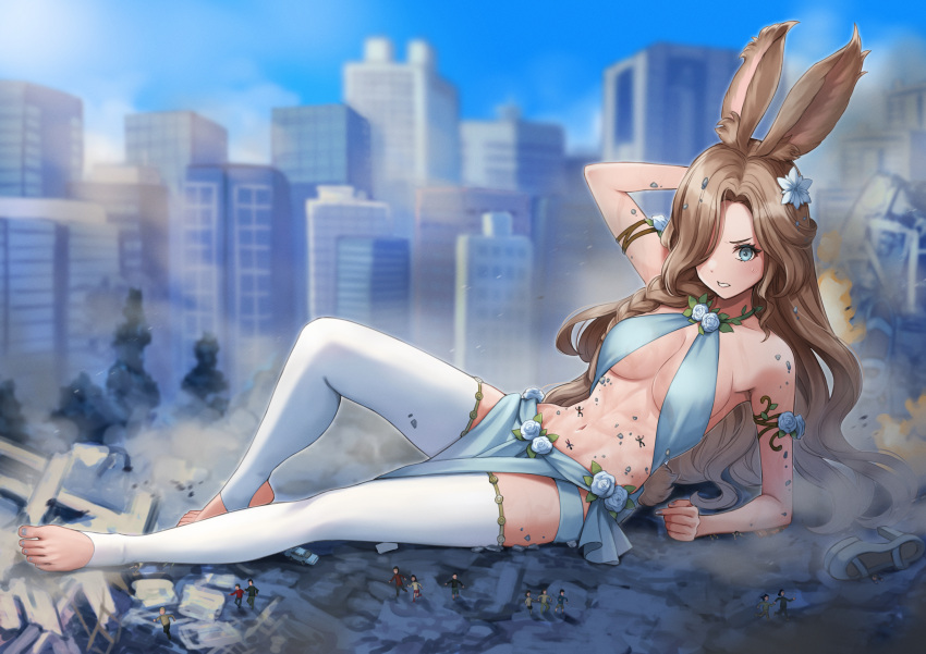 1girl 6+others abs absurdres animal_ears arm_behind_head arm_support armlet blue_eyes blurry braid breasts brown_hair building city clenched_teeth commission depth_of_field destruction fire flower flower_armlet giant giantess hair_flower hair_ornament hair_over_one_eye high_heels highres light_blush long_hair multiple_others nail_polish navel original pelvic_curtain rabbit_ears rabbit_girl rabbit_tail rubble sahara1127 shoes single_braid size_difference skeb_commission small_sweatdrop tail teeth thighhighs toeless_legwear toenail_polish toenails toned tree underboob unworn_shoes very_long_hair white_thighhighs