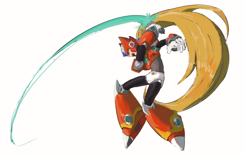 1boy armor attack beam_saber blonde_hair blue_eyes boots energy_sword forehead_jewel helmet highres holding holding_sword holding_weapon long_hair mega_man_(series) mega_man_x_(series) ponytail red_footwear shoulder_armor simple_background solo swinging sword very_long_hair weapon white_background xzhou341 zero_(mega_man)