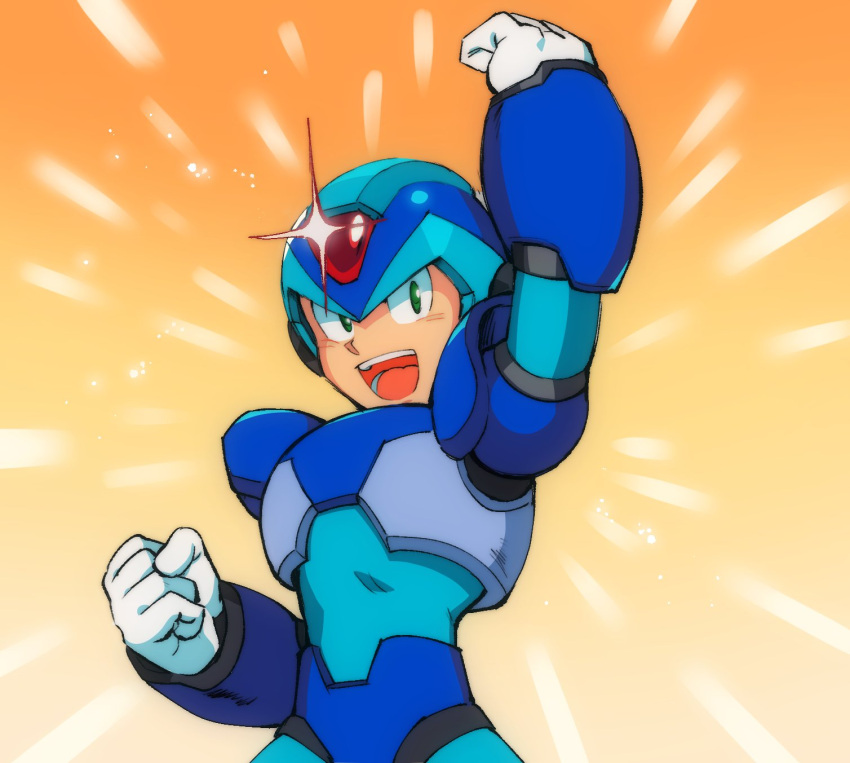 1boy android arm_up armor blue_headwear drawloverlala forehead_jewel glowing green_eyes helmet highres looking_at_viewer mega_man_(series) mega_man_x1 mega_man_x_(series) open_mouth scene_reference solo sparkle teeth upper_body upper_teeth_only victory_pose x_(mega_man)