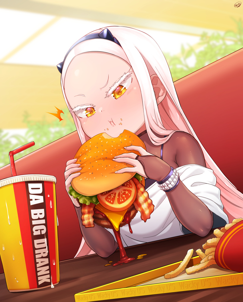 1girl absurdres bacon black_hairband born-to-die bracelet bridal_gauntlets burger cup drinking_straw eating fingernails food food_on_face forehead french_fries hairband highres holding holding_food jewelry long_hair original salad sauce sitting solo tomato tomato_slice white_hair yellow_eyes