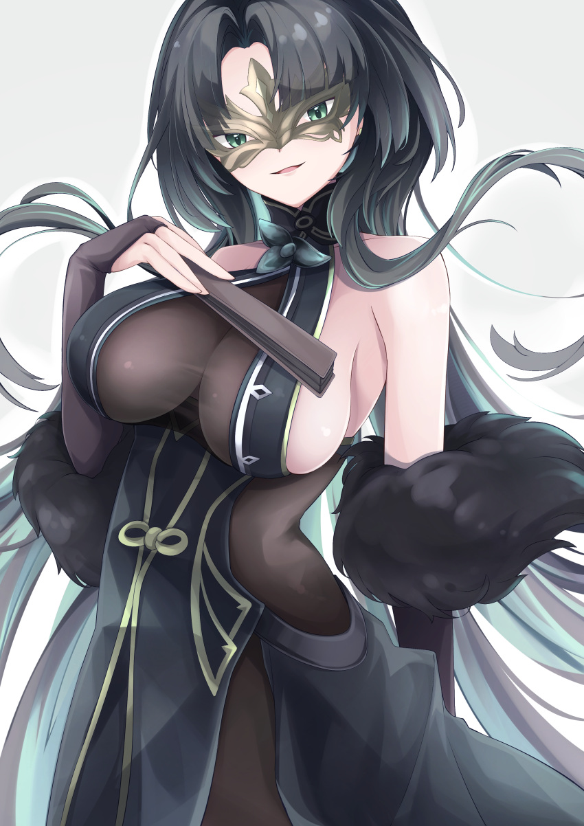 1girl absurdres azur_lane bare_shoulders black_bodysuit black_dress black_hair bodysuit bodysuit_under_clothes breasts bridal_gauntlets commentary_request domino_mask dress elbow_gloves eye_mask folding_fan fur-trimmed_gloves fur_trim gloves hand_fan head_tilt highres holding holding_fan huan_ch'ang_(azur_lane) large_breasts long_hair looking_at_viewer mask osatou_(soul_of_sugar) sideboob sidelocks sleeveless sleeveless_bodysuit sleeveless_dress solo very_long_hair