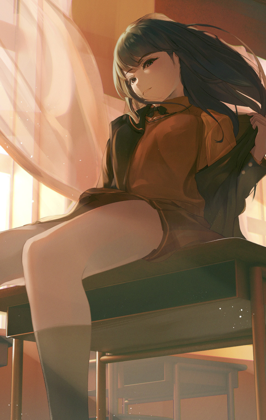 1girl absurdres amagami ayatsuji_tsukasa black_bow black_bowtie black_eyes black_hair black_jacket blazer bow bowtie classroom desk eeekaku_tofu feet_out_of_frame from_below highres indoors jacket long_hair looking_at_viewer looking_down on_desk open_clothes open_jacket parted_lips pleated_skirt red_shirt red_skirt red_sweater_vest school_desk shirt sitting skirt solo sweater_vest thighs undressing window