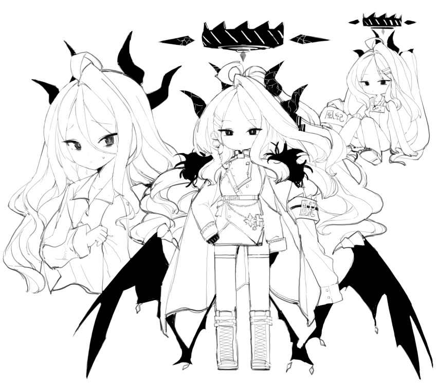 1girl ahoge bare_arms bare_legs bare_shoulders blue_archive boots closed_mouth coat coat_on_shoulders demon_horns demon_wings fur-trimmed_coat fur_trim gloves greyscale highres hina_(blue_archive) hina_(pajamas)_(blue_archive) hina_(swimsuit)_(blue_archive) horns kotatu_(akaki01aoki00) long_hair long_sleeves monochrome multiple_horns multiple_views name_tag official_alternate_costume one-piece_swimsuit pajamas simple_background swimsuit thighhighs very_long_hair white_background wings