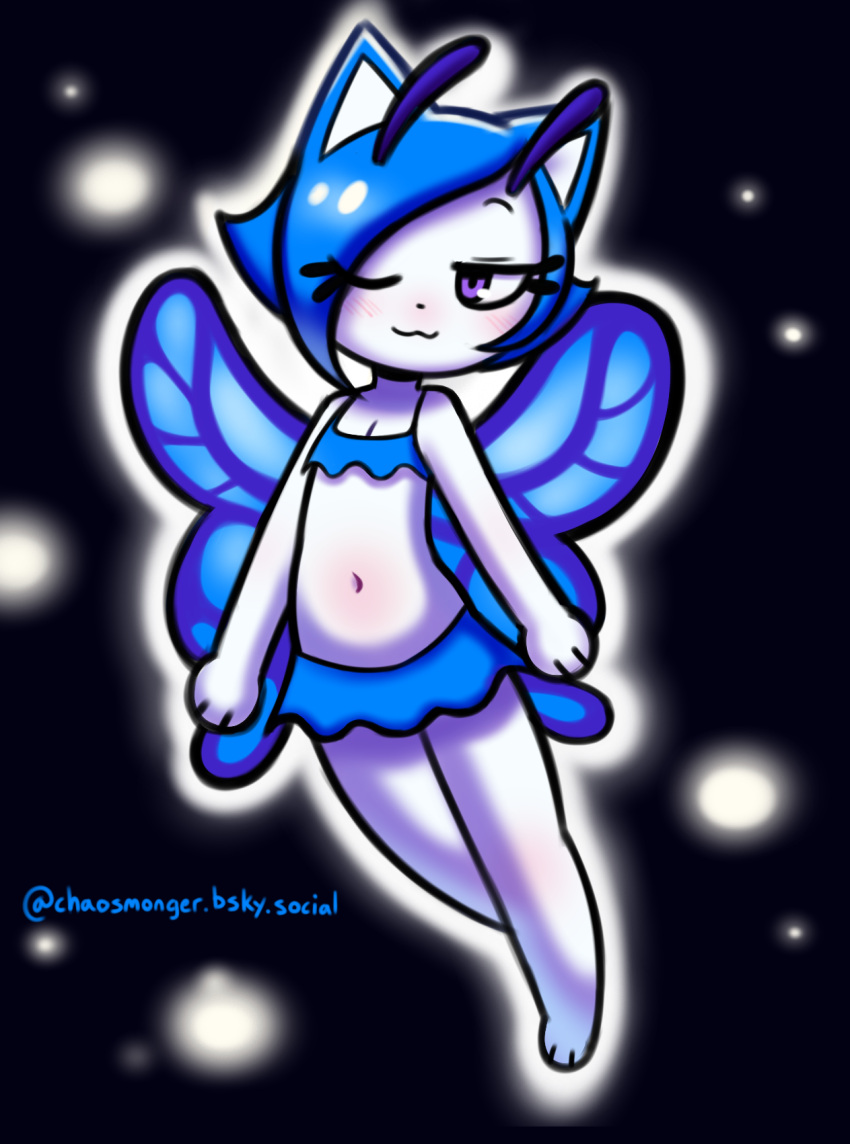 arthropod blue_hair blush bottomwear bra butterfly clothing disfigure domestic_cat felid feline felis female garcia glowing glowing_body hair hi_res hybrid insect lepidopteran lights mammal navel one_eye_closed promotional_material simple_background skirt smile solo tail underwear wings wink