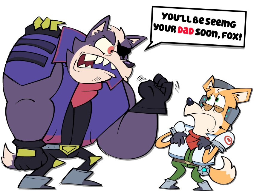absurd_res bandanna canid canine canis clothed clothing dialogue duo english_text eye_patch eyewear fox fox_mccloud fully_clothed green_eyes hi_res janjauwu kerchief looking_at_another male mammal nintendo simple_background star_fox text wolf wolf_o'donnell