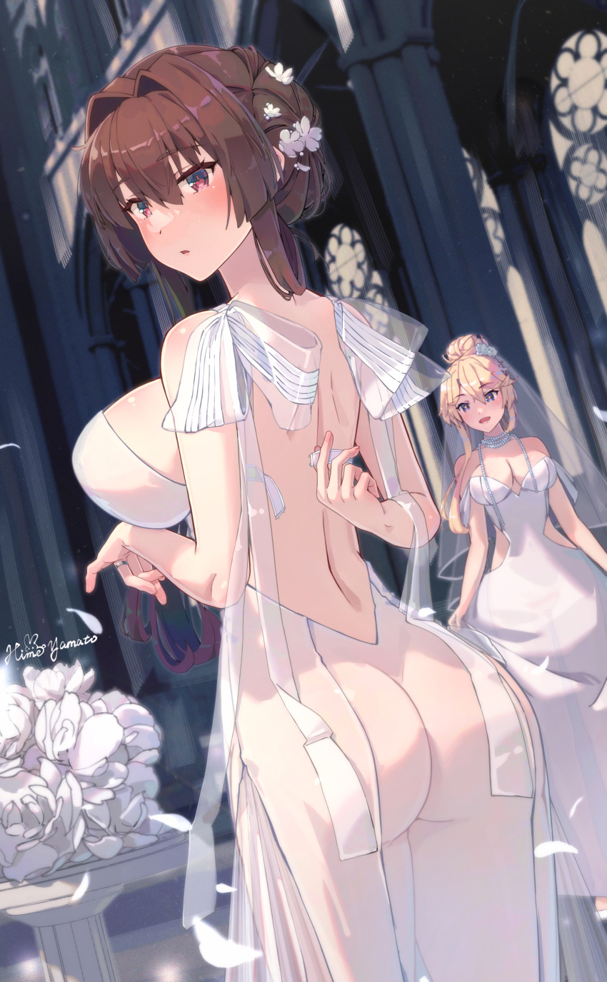 absurdres alternate_costume alternate_hairstyle artist_name ass bare_back bare_shoulders blonde_hair blue_eyes breasts bridal_veil church commentary_request dress flower hair_flower hair_intakes hair_ornament highres himeyamato indoors iowa_(kancolle) kantai_collection large_breasts looking_at_viewer nape parted_lips red_eyes see-through see-through_dress short_hair undressing veil wedding_dress yamato_(kancolle)